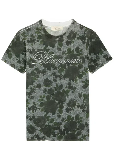 Blumarine Logo Floral-print Cotton T-shirt In Grey