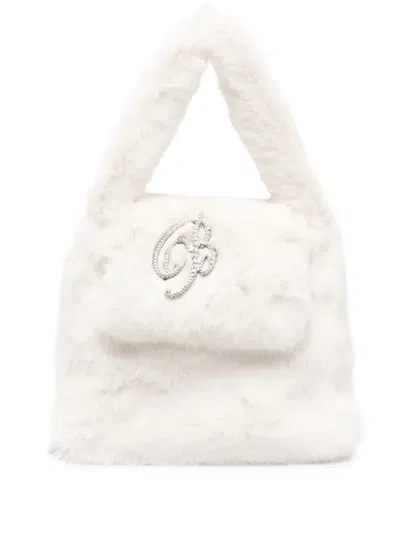 Blumarine Logo Faux Fur Top Handle Bag In Burro