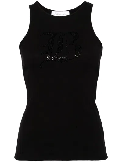 Blumarine Logo Ribbed Cotton Tank Top In Black