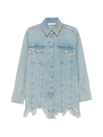 Blumarine Logo-embroidered Frayed-hem Shirt In Blue