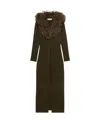 Blumarine Green Long Dress With Removable Feather Collar In Wool Woman In Green