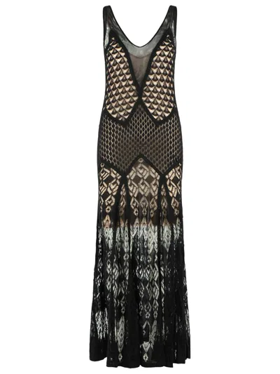 Blumarine Long Dress Cotton Lace Geometric Pattern In Black