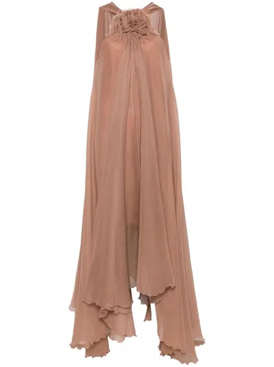 Blumarine Long Dress In Silk Georgette In Beige