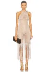 Blumarine Long Fringe Dress In Chalk & Bear Brown