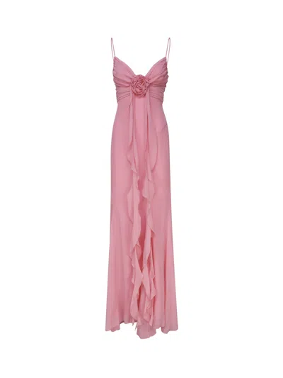 Blumarine Long Silk Dress With Draping And Decorative Rose In Pink Geranio