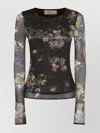 Blumarine Long Sleeve Floral Sheer Top In Black