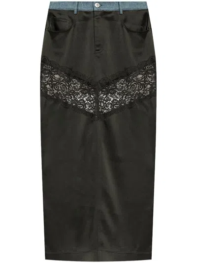 Blumarine Long Straight Skirt With Lace Insert In Black
