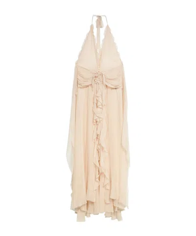 Blumarine Long Viscose Georgette Dress With Rose And Ruffles In Neutral