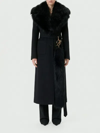 Blumarine Long Wool Blend Coat With Fur Collar And Belt In Black