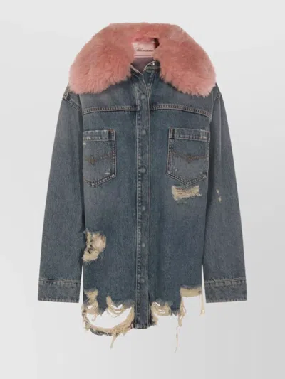 BLUMARINE LONGLINE JACKET WITH DISTRESSED FINISH AND CHEST POCKETS