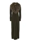 Blumarine Green Long Dress With Removable Feather Collar In Wool Woman In Green