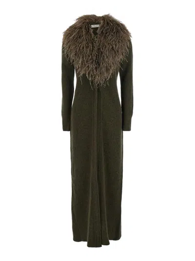 BLUMARINE GREEN LONG DRESS WITH REMOVABLE FEATHER COLLAR IN WOOL WOMAN