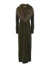 Blumarine Green Long Dress With Removable Feather Collar In Wool Woman In Green