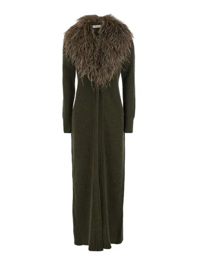 BLUMARINE GREEN LONG DRESS WITH REMOVABLE FEATHER COLLAR IN WOOL WOMAN