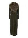 Blumarine Green Long Dress With Removable Feather Collar In Wool Woman In Green