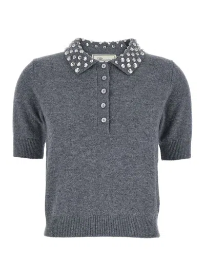 BLUMARINE GREY POLO SHIRT  WITH COLLAR BEADED IN WOOL WOMAN
