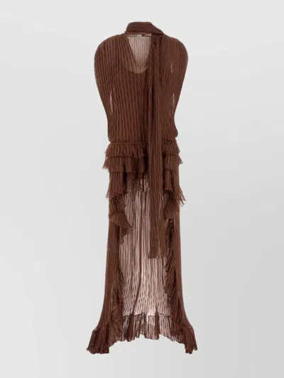 Blumarine Maxi Pleated Dress With Ruffle And Scarf