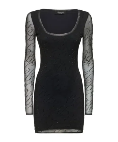 Blumarine Mesh Hotfix Logo Mini Dress In Black