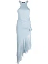 Blumarine Jersey Dress With Asymmetric Ruffle And Floral Embellishment In Blue