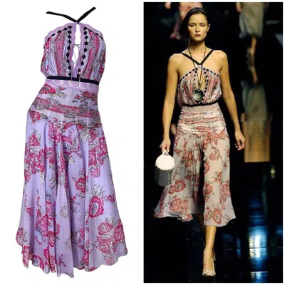 Pre-owned Blumarine Nwt  Runway Spring 2006 Sz 42 / 6-8 Purple Pink Beaded Silk Midi Dress