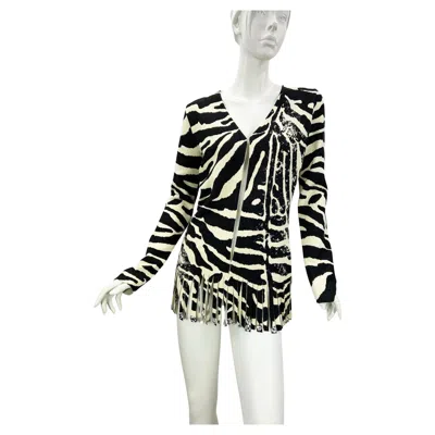 Pre-owned Blumarine Nwt Vintage  Fw 2010 Swarovski Crystals Fringe Wool Cardigan It 44 Us 8 In Sand