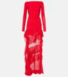 Blumarine Off-shoulder Asymmetric Ruffled Maxi Dress In Lipstick Red