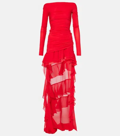 Blumarine Off-shoulder Asymmetric Ruffled Maxi Dress In Lipstick Red