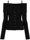 Blumarine Off-shoulder Ribbed Wool Cardigan In Schwarz
