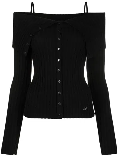 Blumarine Off-shoulder Ribbed Wool Cardigan In Schwarz