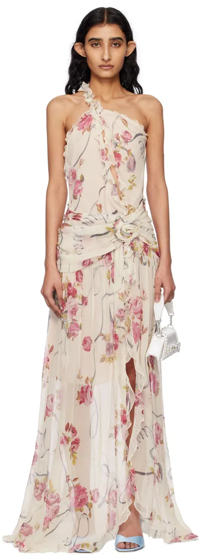 Blumarine Off-white & Pink One-shoulder Creponne Maxi Dress In F7141 Wild Orchid/wh