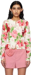Blumarine Off-white & Pink Peony-printed Viscose Cardigan In F1026 White Pearl/li