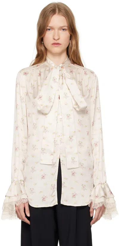 Blumarine Off-white Floral Print Satin Shirt In F1027 Whi Pearl/lav