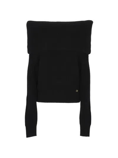 Blumarine Off-shoulder Ribbed Sweater In Black