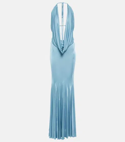 Blumarine Plunge Neck Jersey Long Dress In Blue