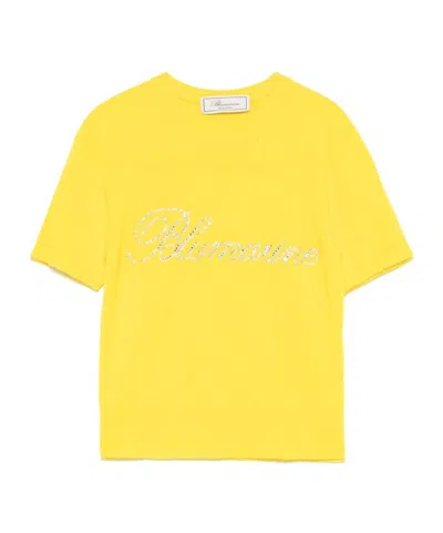 Blumarine Open-necked Black Shirt In Yellow