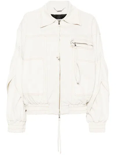 Blumarine Stretch Denim Zip Bomber Jacket In White Ice