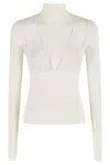 Blumarine Pearl White Turtleneck Knit Sweater With Lace Details In White