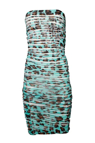 Blumarine Pencil Tule Dress With Leopard Print In Blue