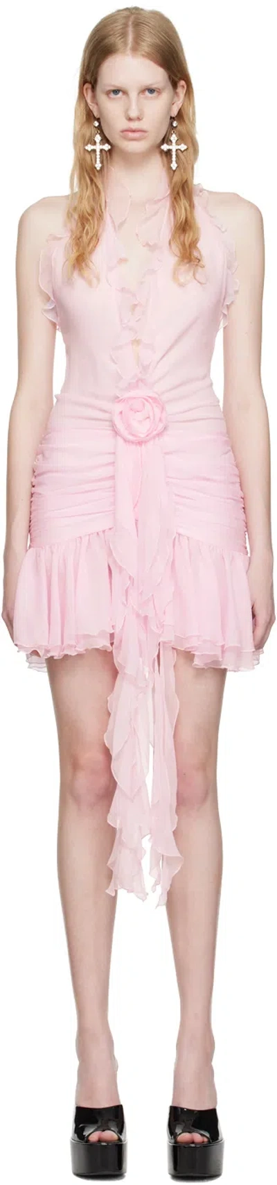 Blumarine Pink Ruffle Detail Silk Mini Dress In Pink & Purple