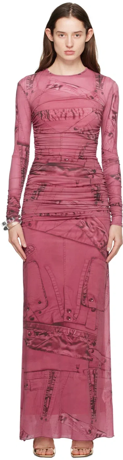 Blumarine Pink Crewneck Maxi Dress In T7319 Geranio/nero