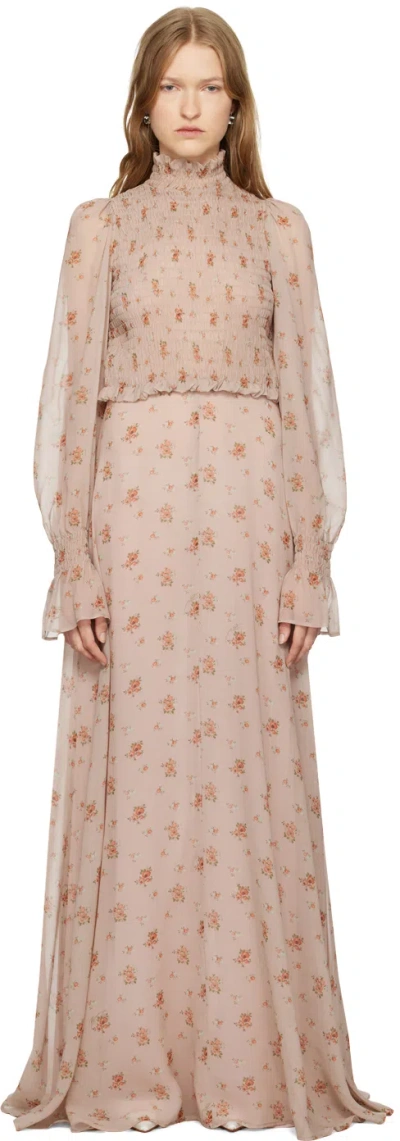 BLUMARINE PINK SILK GEORGETTE BOUQUET PRINT MAXI DRESS