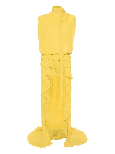 Blumarine Pleated Asymmetric Midi Dress In Yellow
