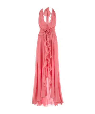 Blumarine Rose Appliqué Halterneck Ruffled Maxi Dress In Pinkpeony