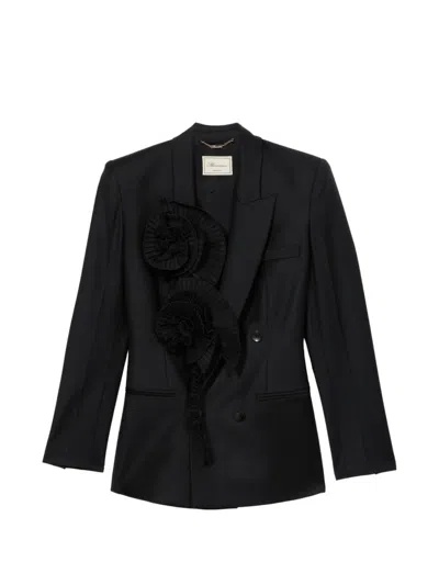 Blumarine Pleated Rose-embellished Blazer In Black