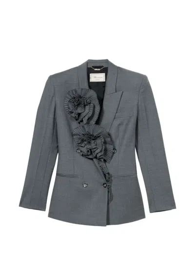 Blumarine Pleated Rose-embellished Blazer In Gray