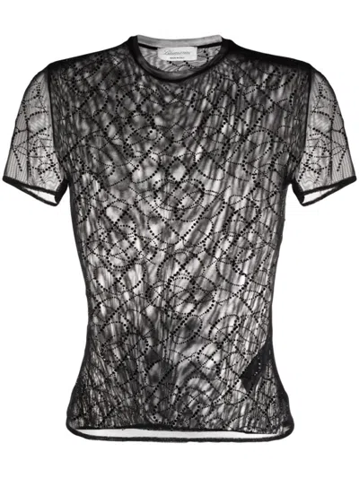 Blumarine Rhinestone-monogram Sheer Top In Black