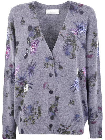 Blumarine Printed Cardigan Knit Sweater In Gray