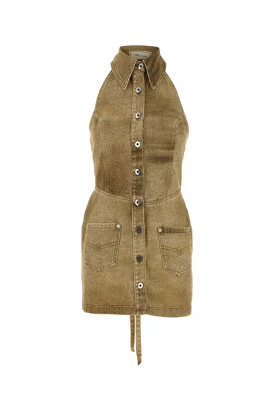 Blumarine Denim Mini Dress Halter Neck Front Pockets In Green