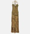 Blumarine Printed Denim-trimmed Gown In Taupe Grey/nero