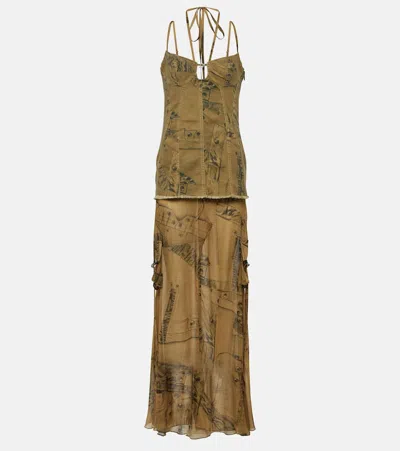Blumarine Printed Denim-trimmed Gown In Taupe Grey/nero